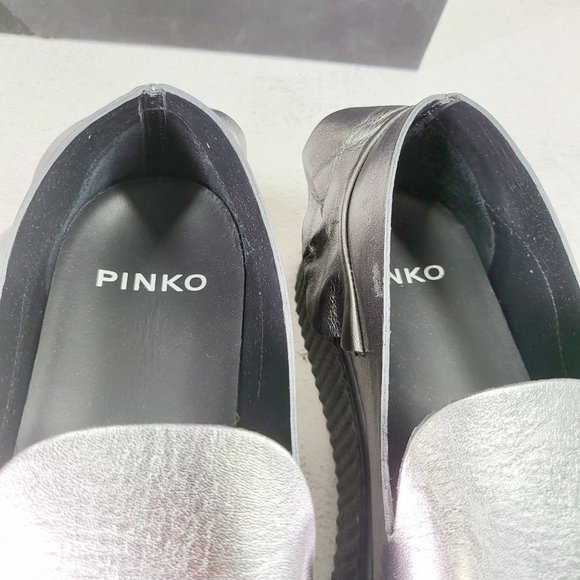 $460 NWT Pinko Silver‎ Chunky Platform Shoes 9 Metallic Ruffle Leather Loafer - Picture 12 of 15
